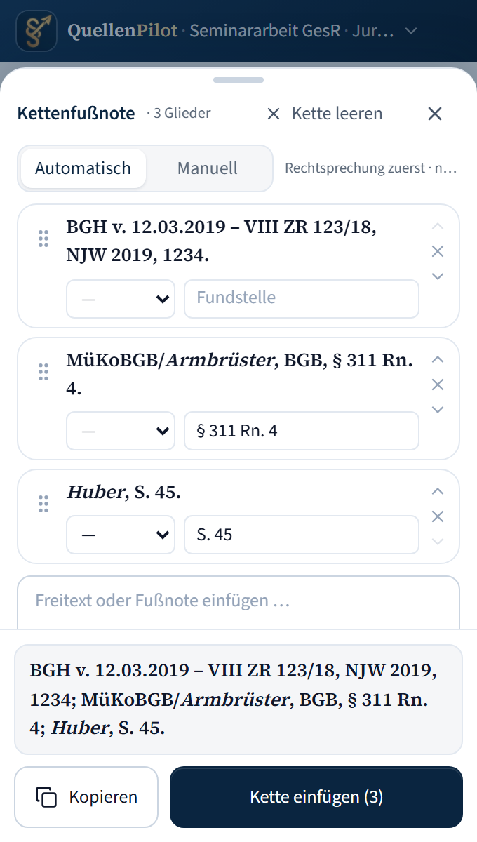 Ketteneditor mit drei Gliedern: Rechtsprechung, Kommentar und Monographie, darunter die zusammengesetzte Fußnote.
