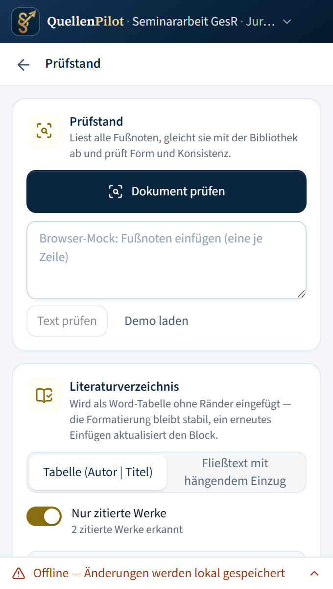 Prüfstand mit Zählung der zitierten, ungenutzten und unbekannten Werke sowie dem Kasten für das Literaturverzeichnis.