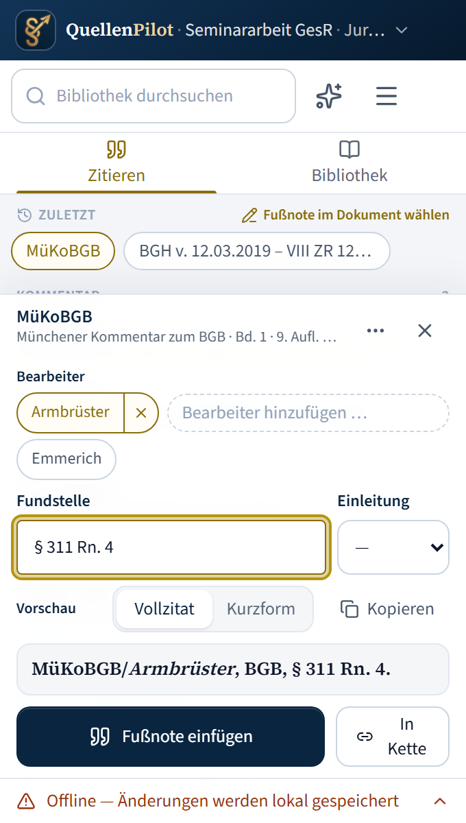 Aufgabenbereich von QuellenPilot in Word: eine Quelle ist gewählt, darunter Bearbeiter, Fundstelle und die fertige Fußnote in der Vorschau.